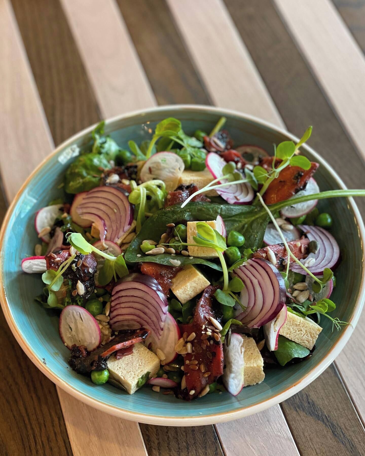 Eine Schüssel mit Salat, verschiedenen Blattsalaten, Radieschen und Würfeln Tofu.