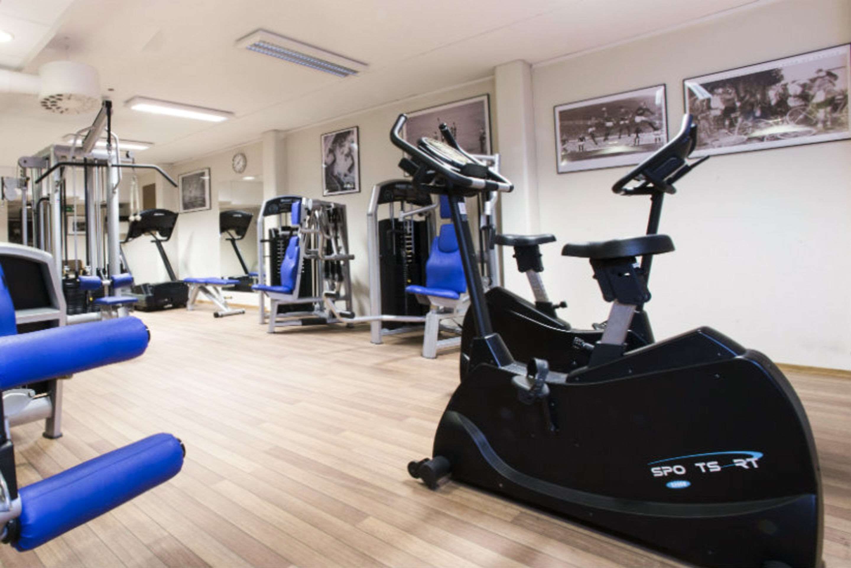Un gimnasio con máquinas de cardio, equipo de levantamiento de pesas y sillas azules.