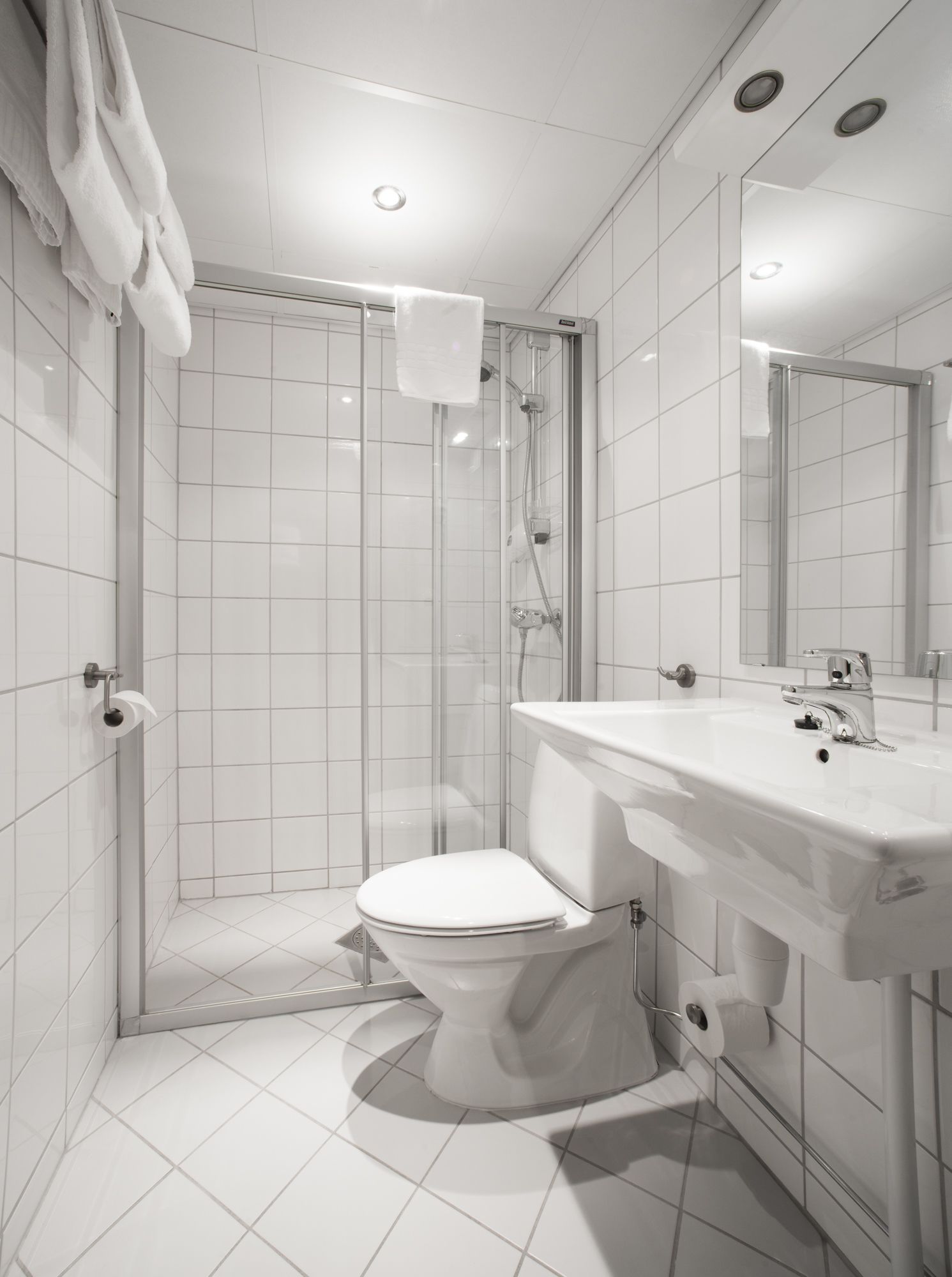 A modern bathroom with a glass-enclosed shower, a white toilet, and a sink with a mirror.