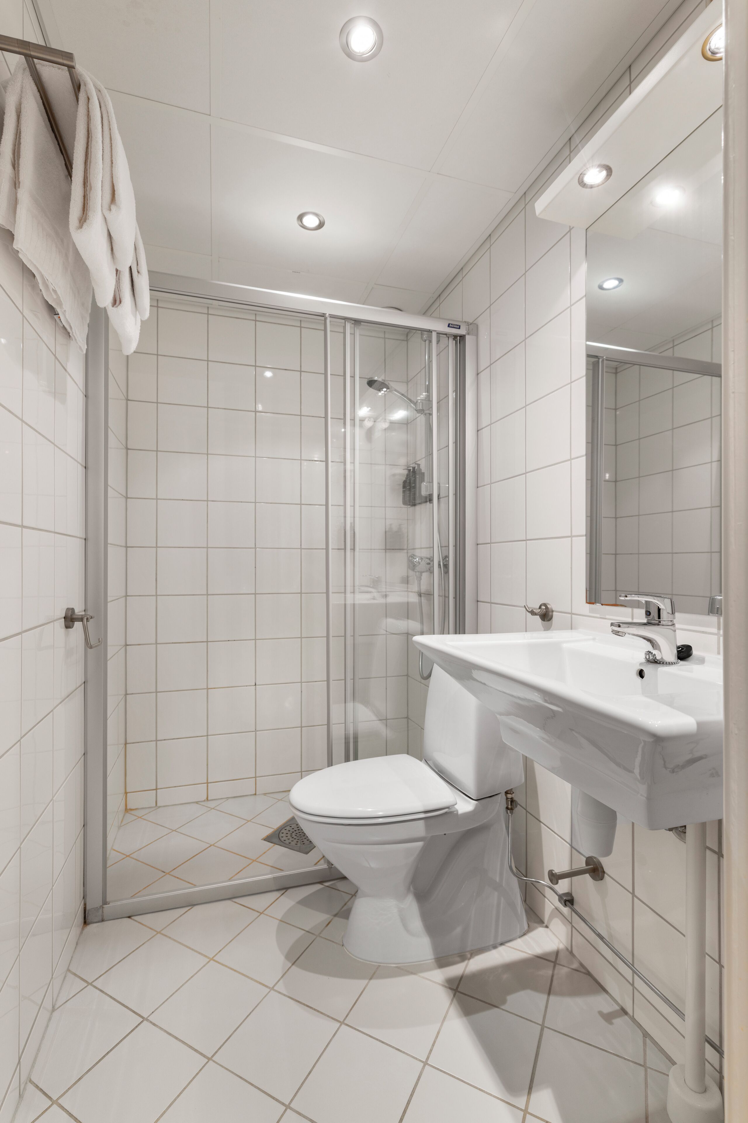 A modern bathroom with a glass-enclosed shower, a white toilet, and a sink with a mirror.