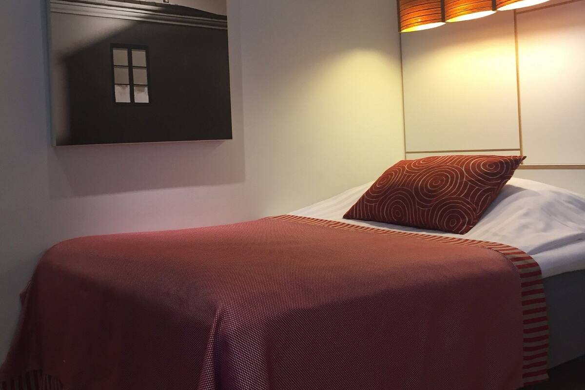 A bedroom with a bed, a wall-mounted artwork, and a ceiling light fixture.