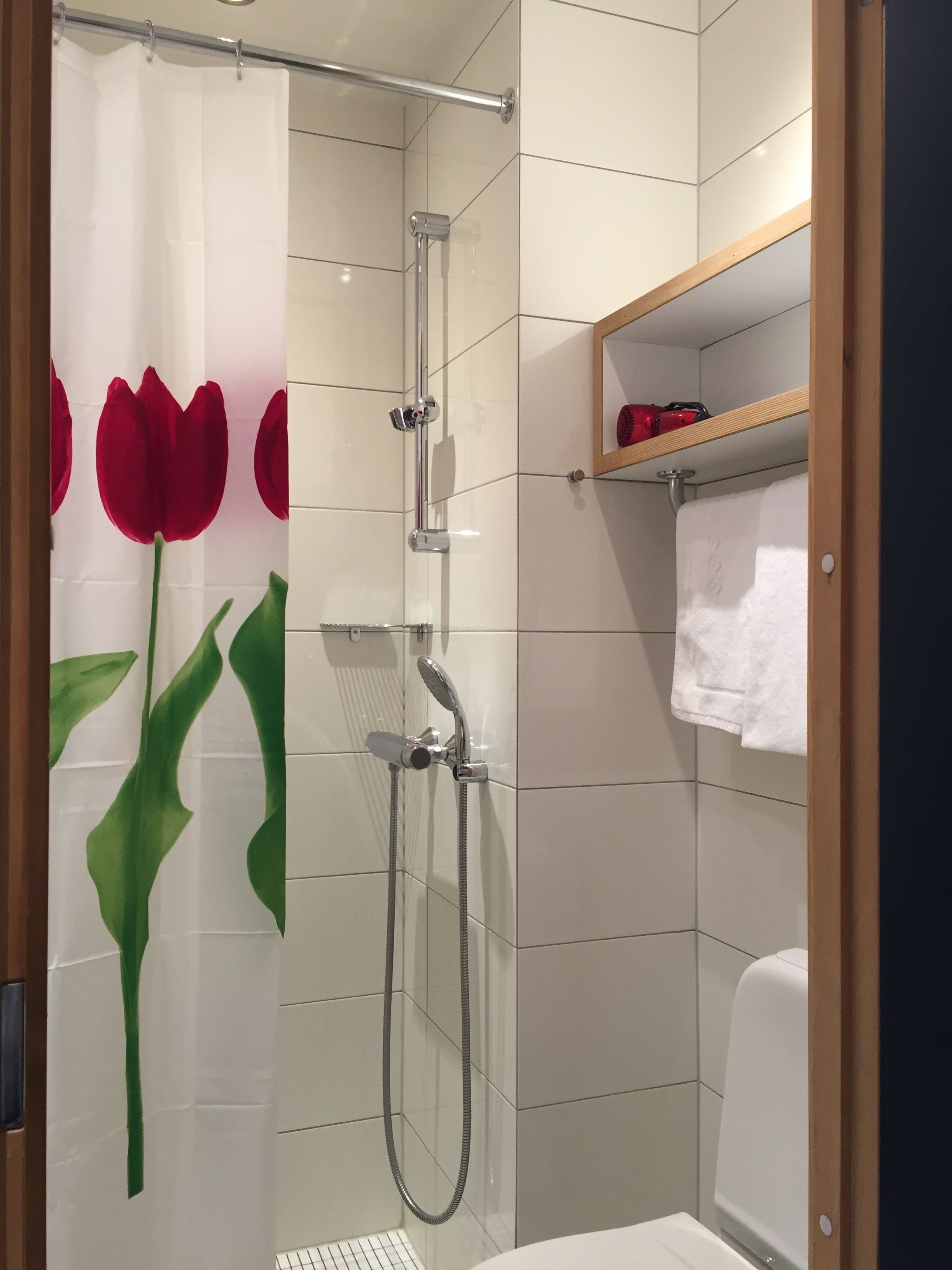 A shower with a glass door, a towel rack, and a shelf with toiletries.