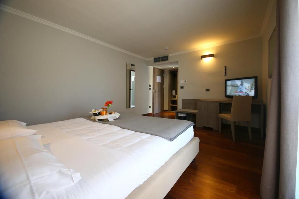 Habitación de hotel con una cama, un escritorio, un televisor y un espejo.