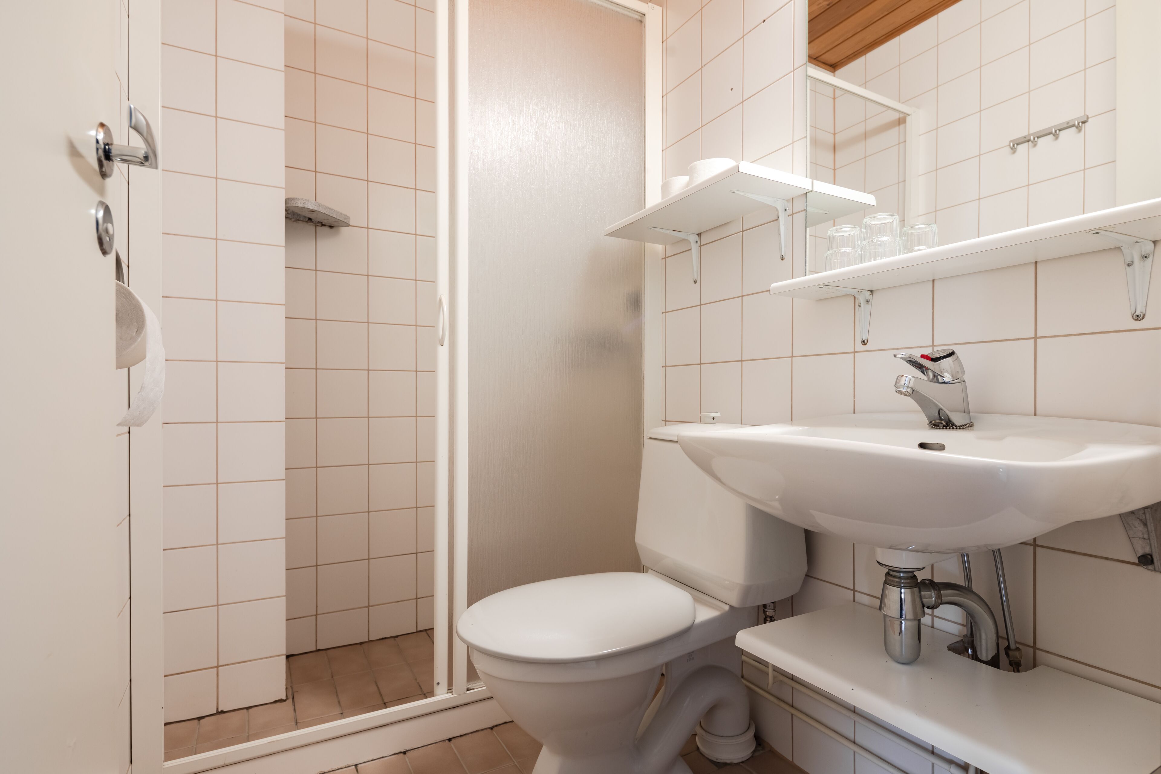 Un baño con inodoro, lavabo y ducha.