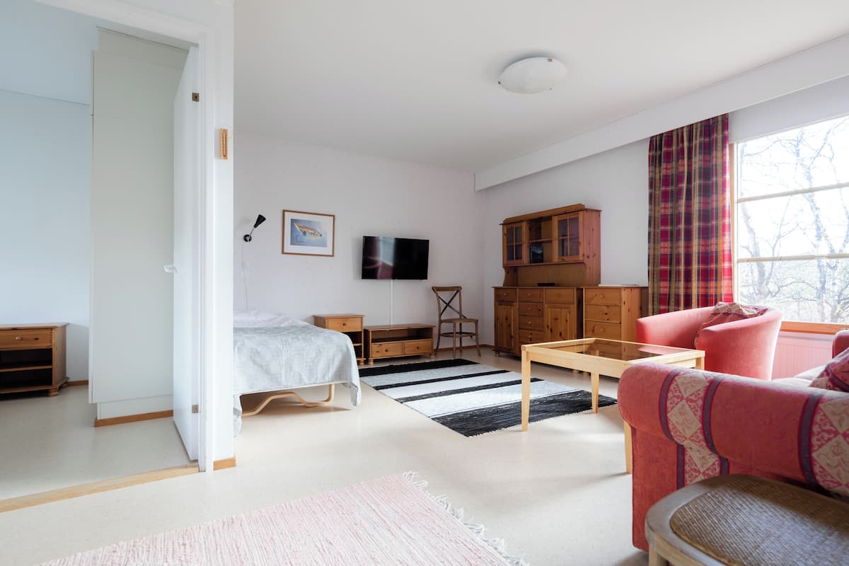 Ein geräumiges Wohnzimmer mit einem Bett, einem Fernseher, einem Holzschrank und einem Sofa.