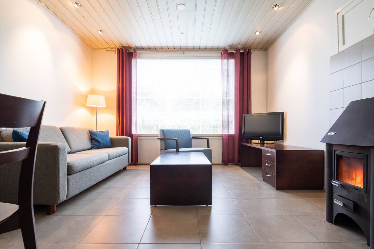 Una sala de estar moderna con un sofá, una mesa de centro, un televisor y una chimenea de leña.