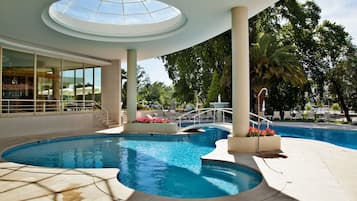 Indoor pool, outdoor pool, pool loungers