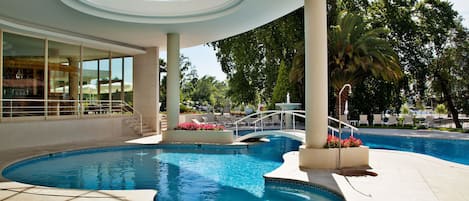 Indoor pool, outdoor pool, sun loungers