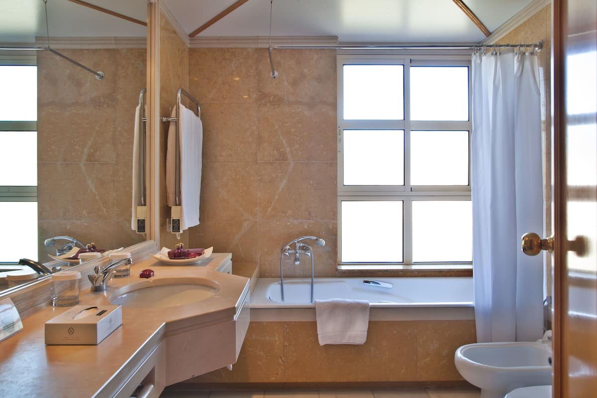 separate bathtub and shower, free toiletries, hair dryer, bathrobes