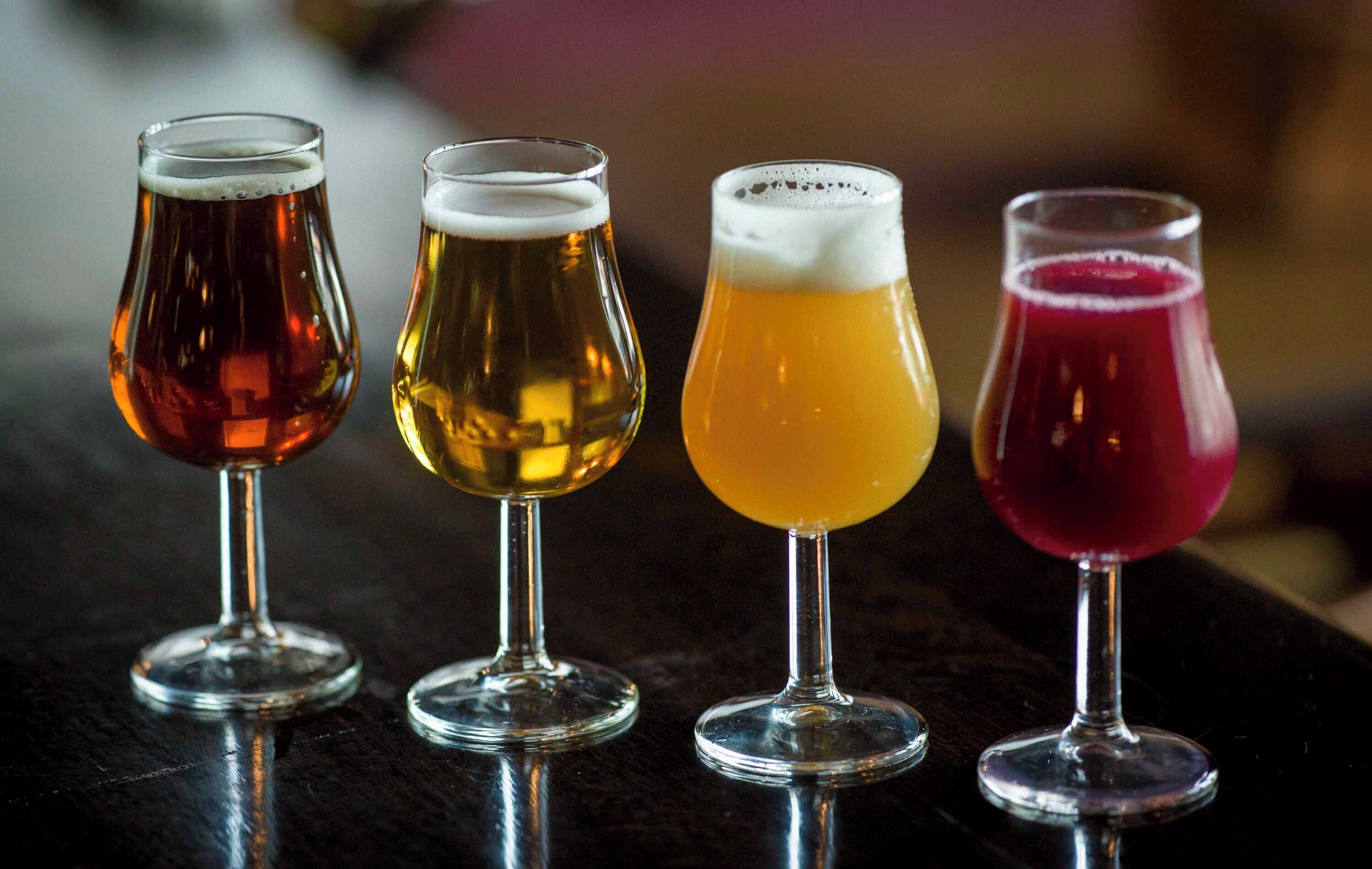 Four glasses of beer on a reflective surface.