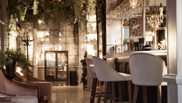 A bar area with bar stools, a counter, and hanging plants. - Continental du Sud (Ystad)