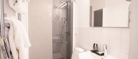 A modern bathroom with a glass-enclosed shower, a white sink, and a mirror above it.