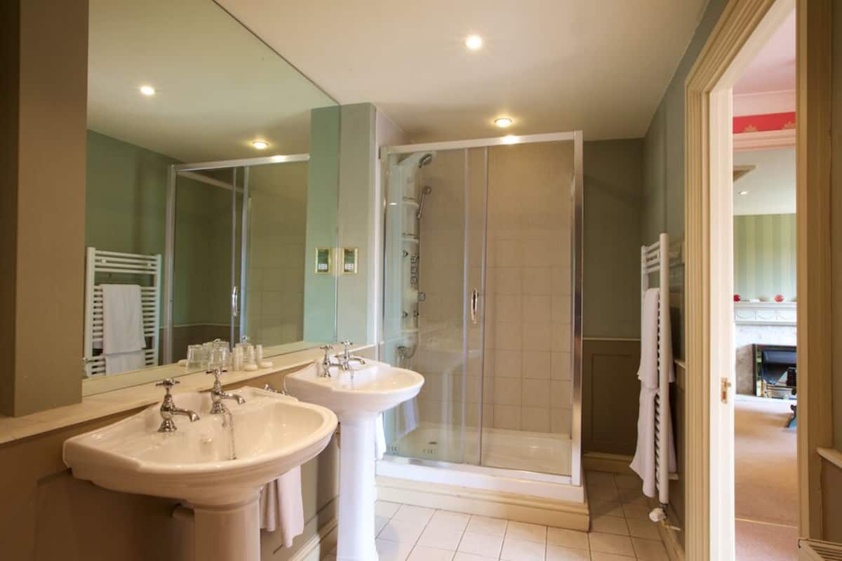 combined shower/bathtub, free toiletries, hair dryer, towels