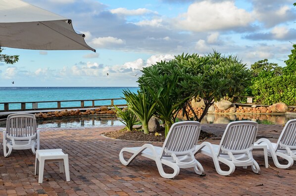 Outdoor pool, pool umbrellas, pool loungers