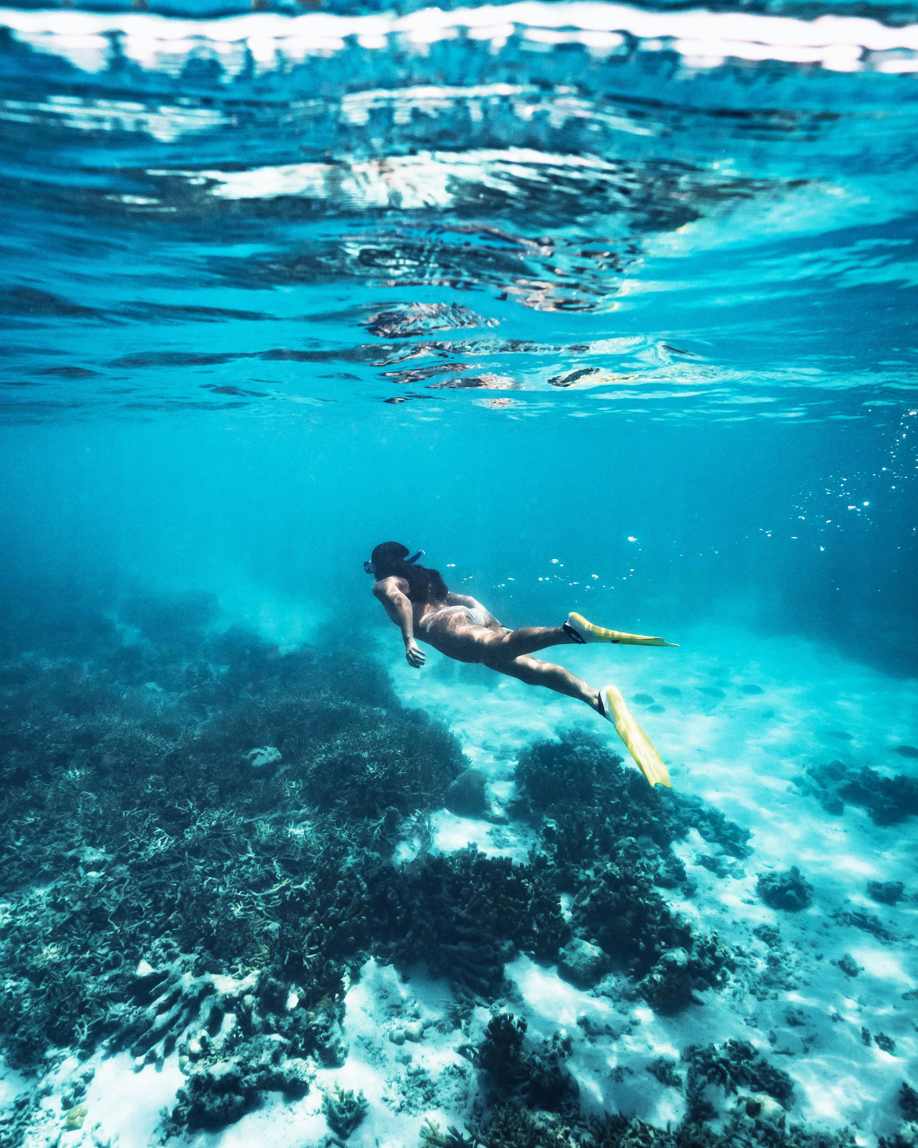 A person snorkeling underwater.