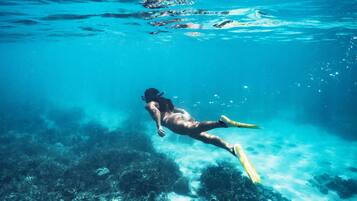 A person snorkeling underwater.