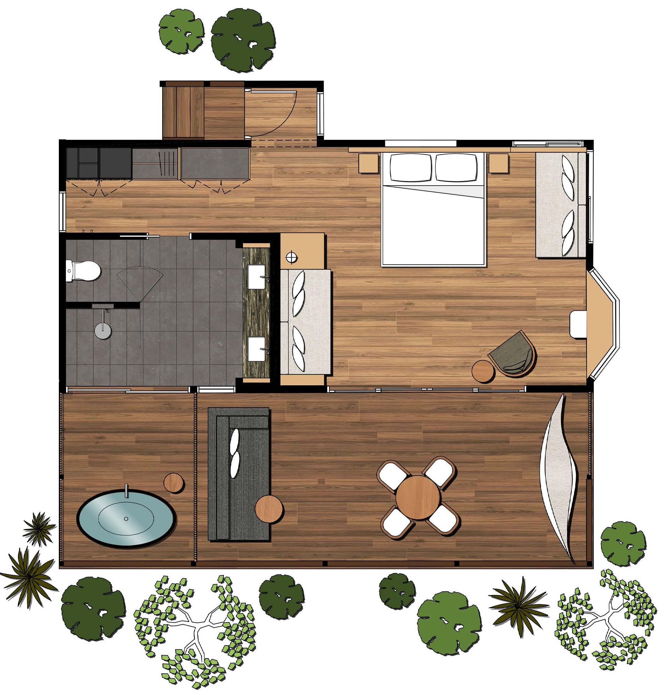 Een plattegrond van een modern appartement met een woonkamer, keuken, eethoek, twee slaapkamers, een badkamer en een klein balkon.