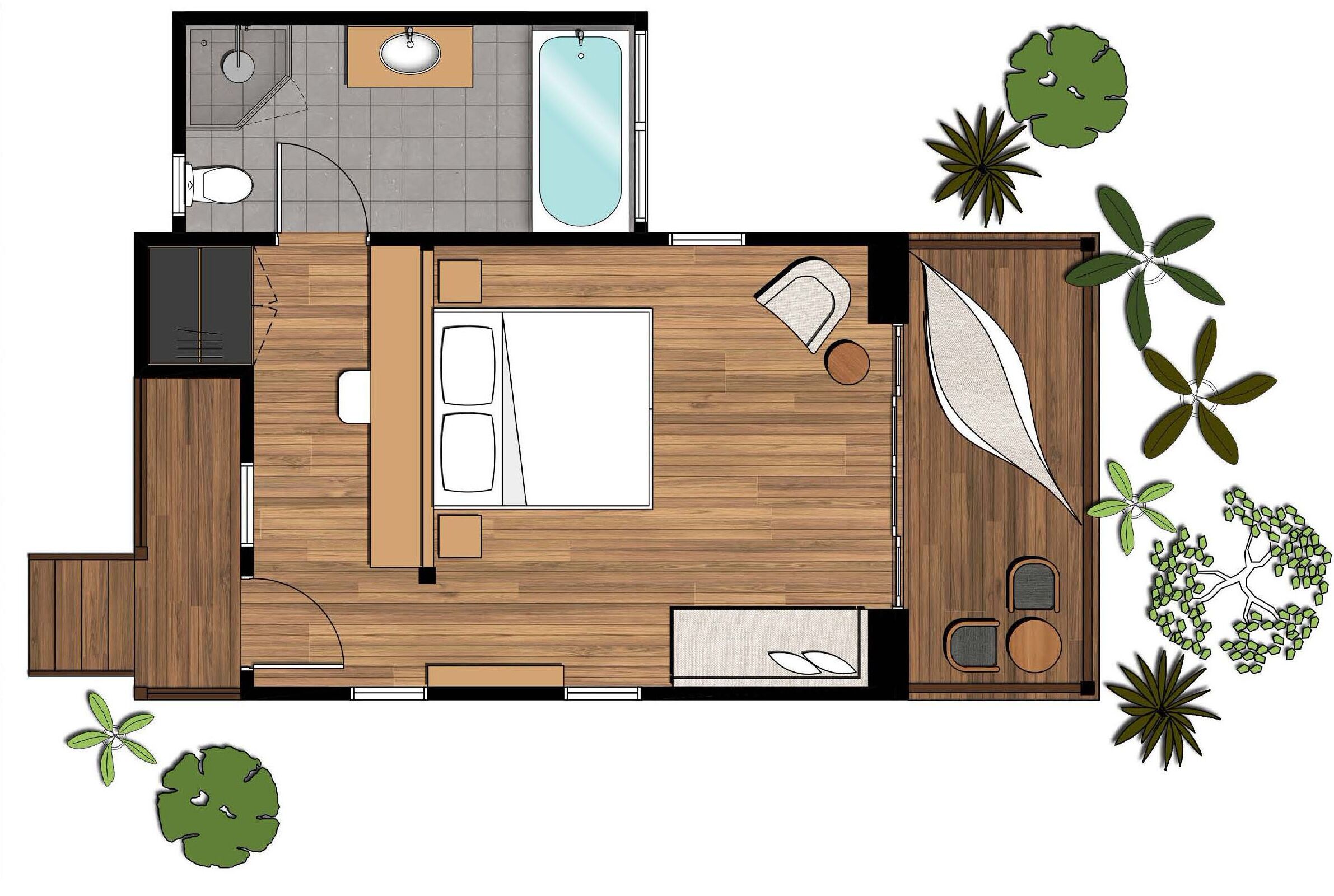 A bedroom with a large bed, a bedside table, and a window. There is a bathroom with a toilet, sink, and shower. The room has a wooden floor and a small balcony with plants.