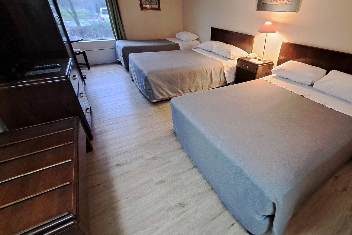 Une chambre d’hôtel avec deux lits simples, une commode en bois, une table de chevet avec une lampe et une fenêtre avec des rideaux.