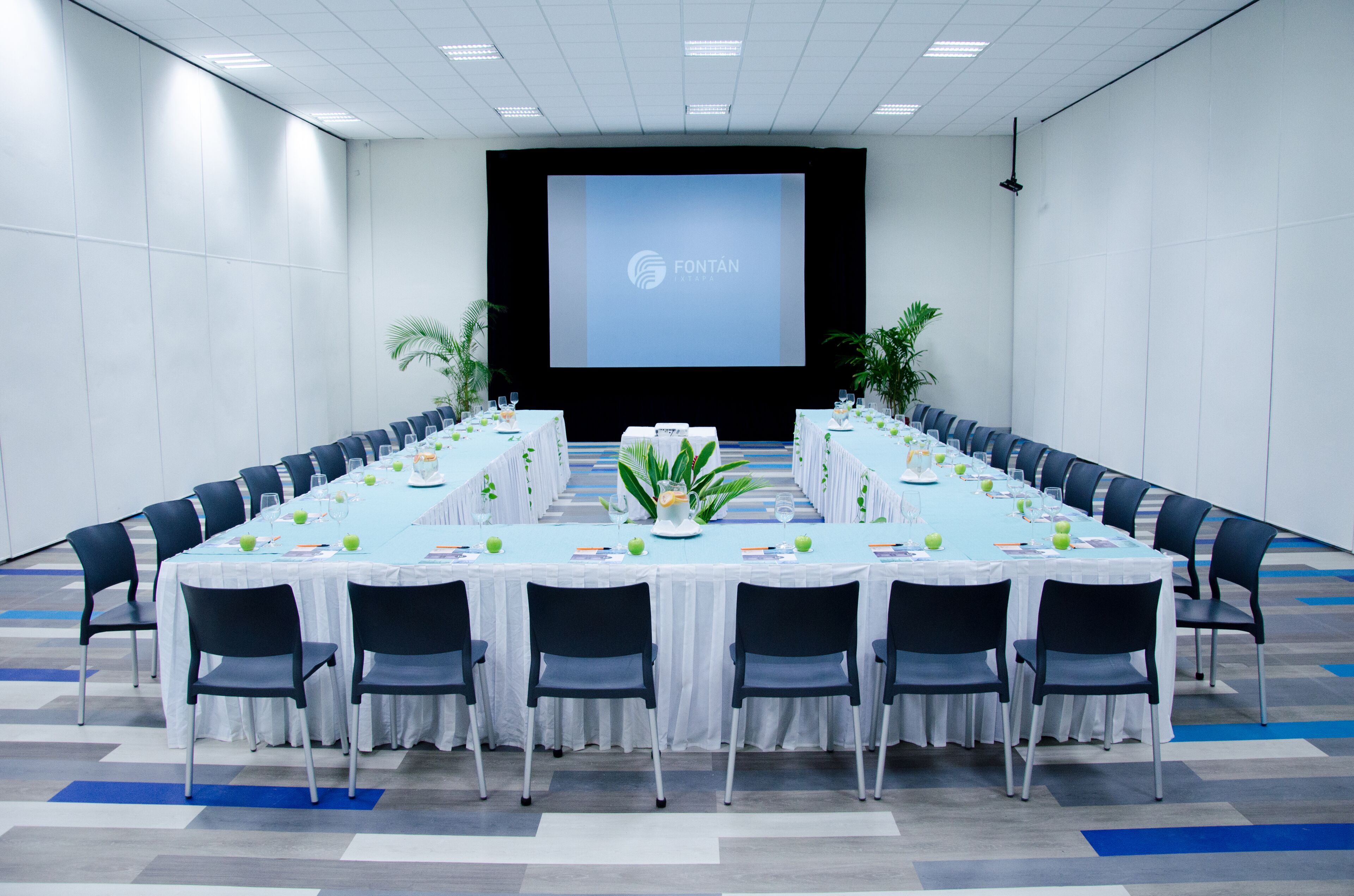 Une salle de conférence équipée d’une longue table, de chaises et d’un écran affichant le logo de FONTAN.