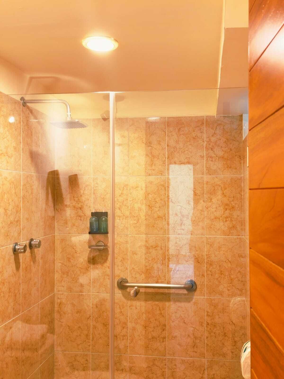 A glass-enclosed shower with a handheld showerhead, a towel rack, and a handrail.