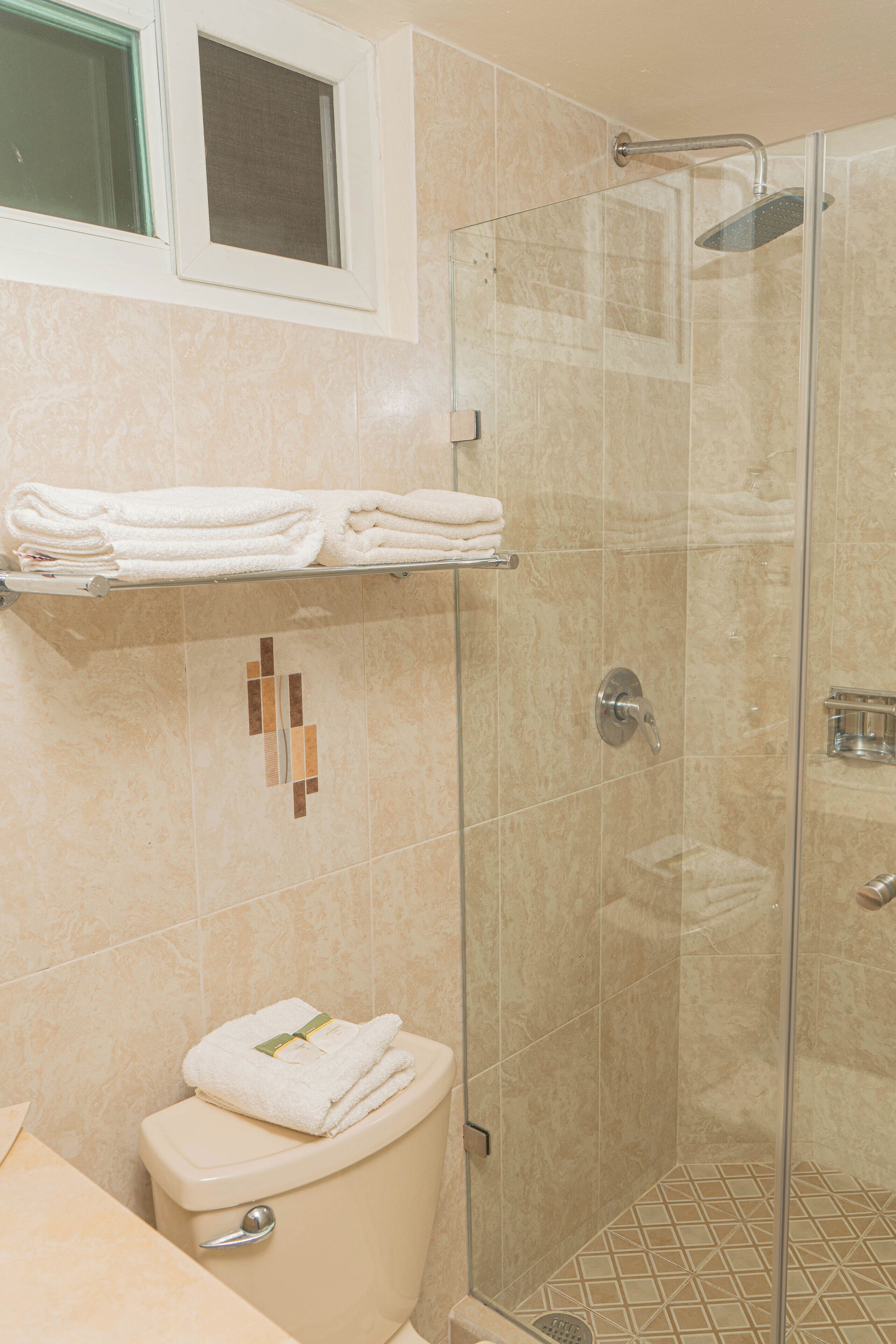 shower, free toiletries, hair dryer, towels