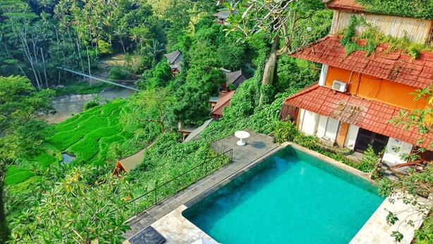 A pool area with a view of lush greenery and terraced fields. - Puri Bunga Resort & Spa (Ubud)
