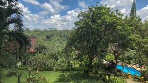 A lush garden with a swimming pool, surrounded by various trees and plants. - Puri Bunga Resort & Spa (Ubud)