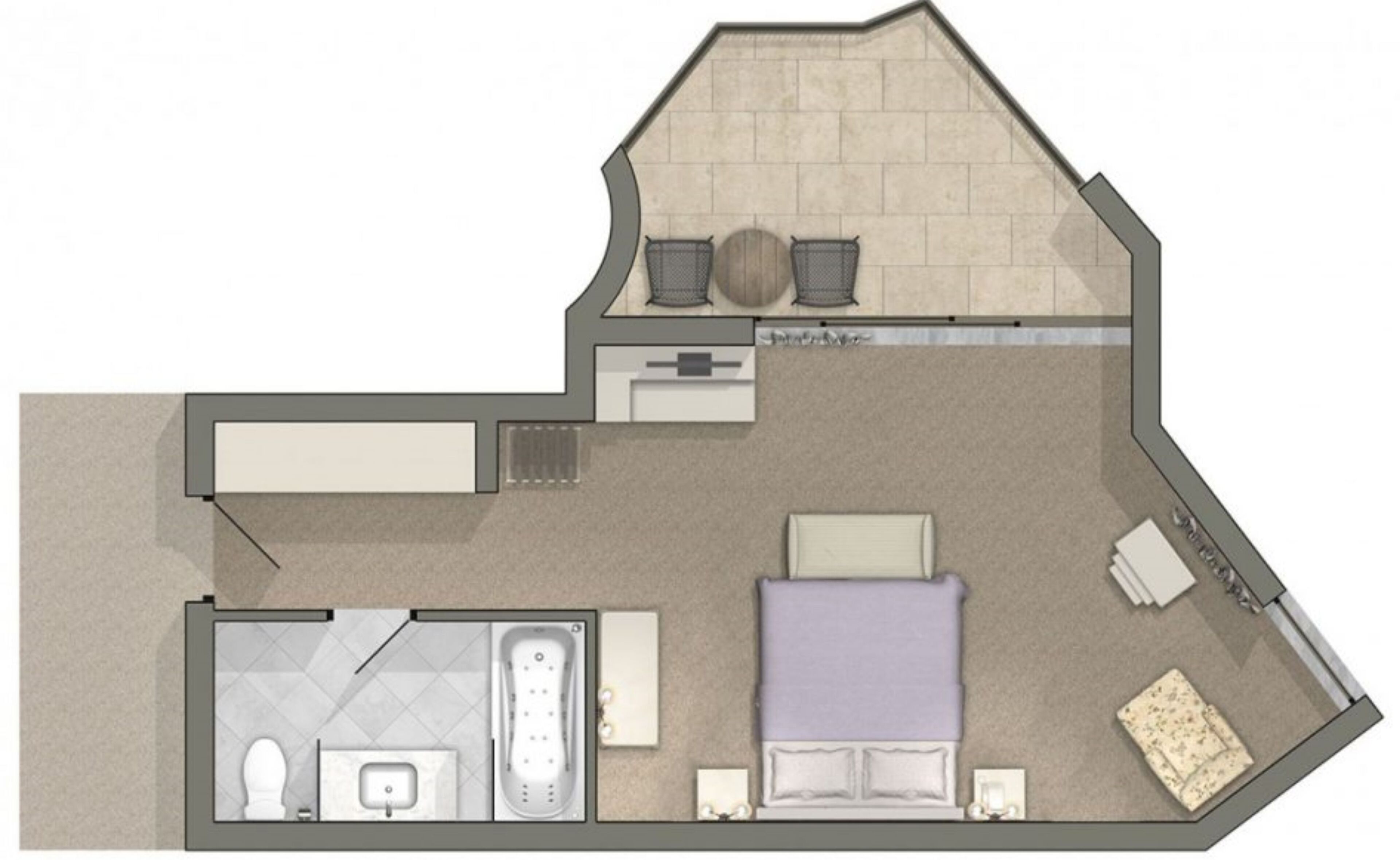Un plan d’aménagement de chambre d’hôtel comprenant une salle de bain, un lit, un coin salon et une petite kitchenette.