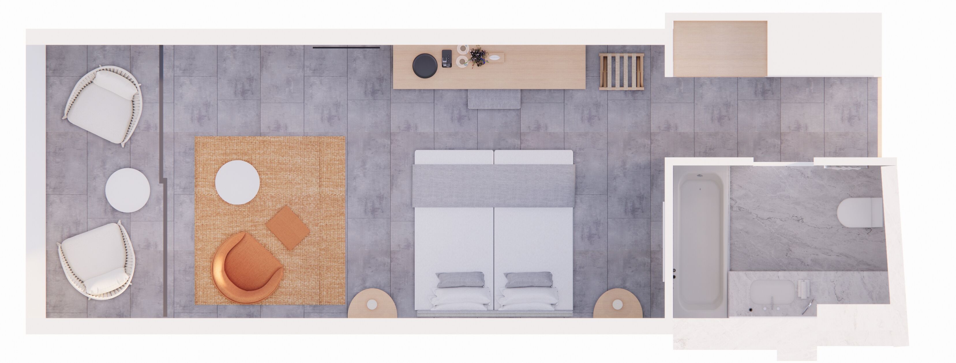 A hotel room layout with a bed, seating area, and a bathroom.