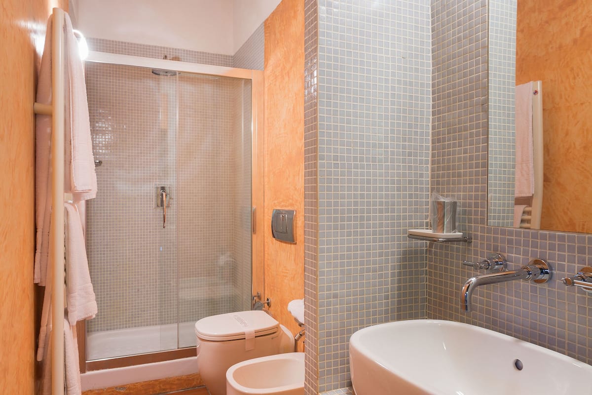 free toiletries, hair dryer, bidet, towels