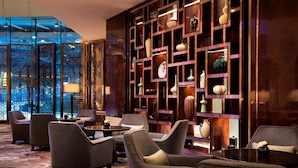 Un moderno vestíbulo de hotel con asientos cómodos, una pared decorativa con estanterías y vistas a través de un panel de vidrio.