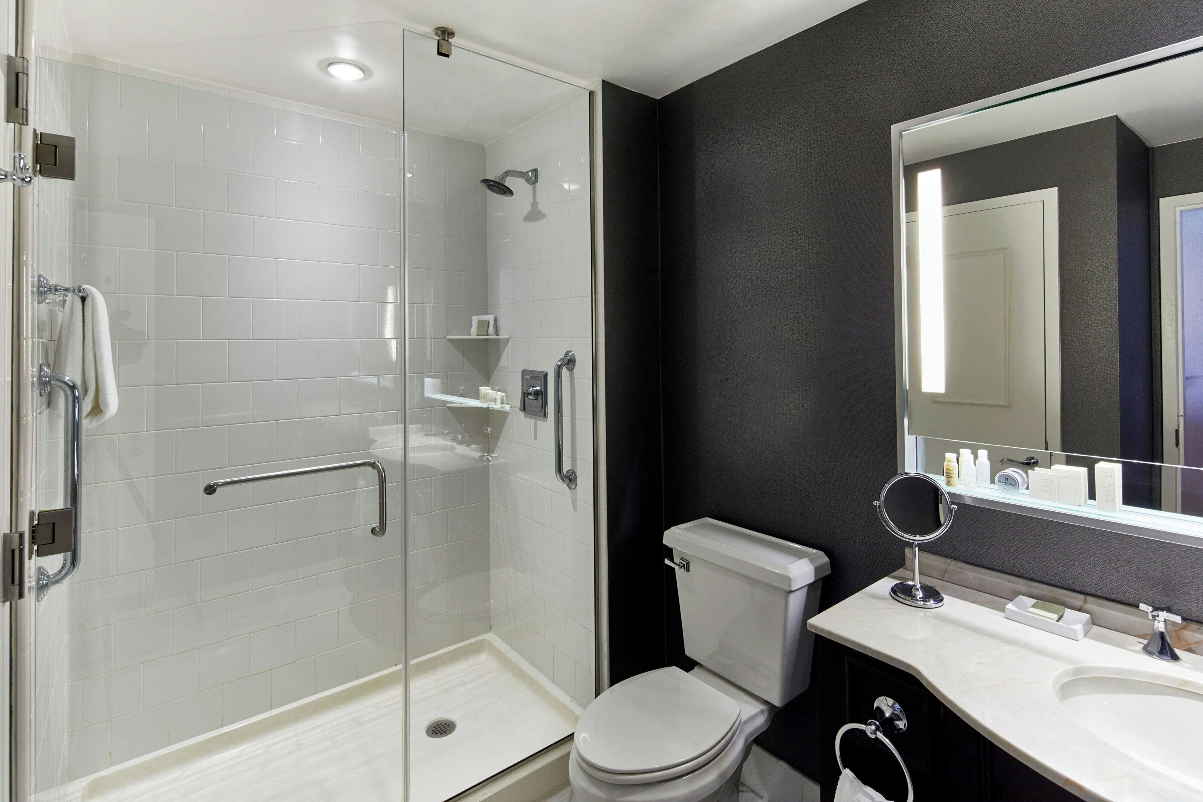 Un baño moderno con ducha de vidrio, inodoro blanco y tocador con un espejo grande.