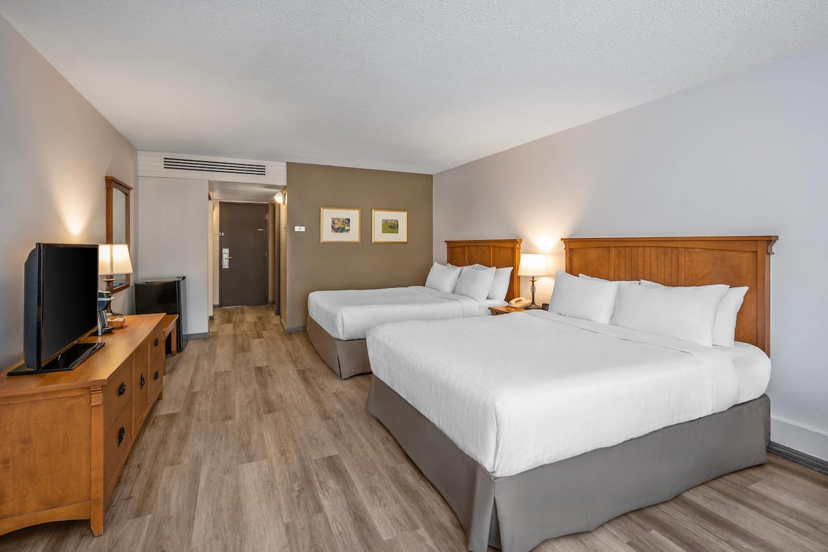Une chambre d’hôtel avec deux lits, une télévision, un bureau et un miroir.