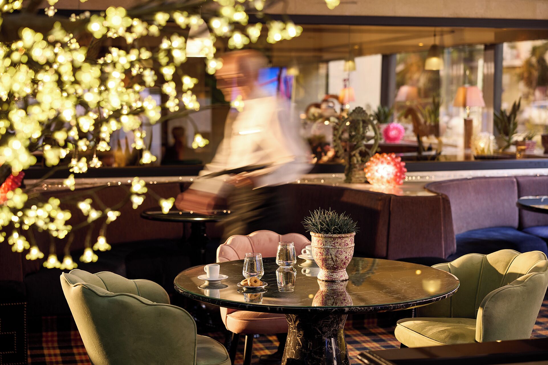 A bar area with round tables, cushioned seating, and decorative plants.