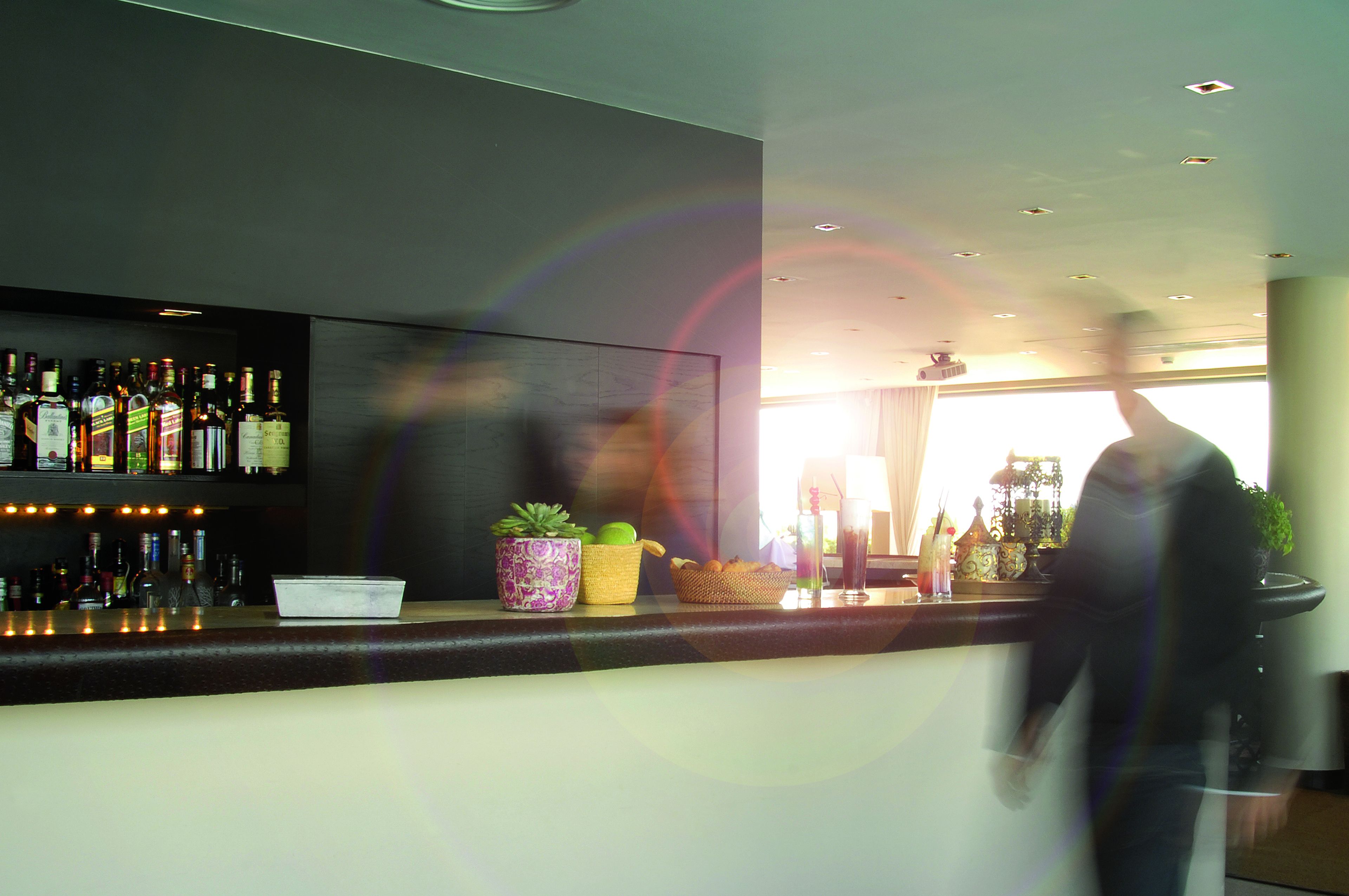 A bar area with shelves of bottles, a potted plant, and a basket.