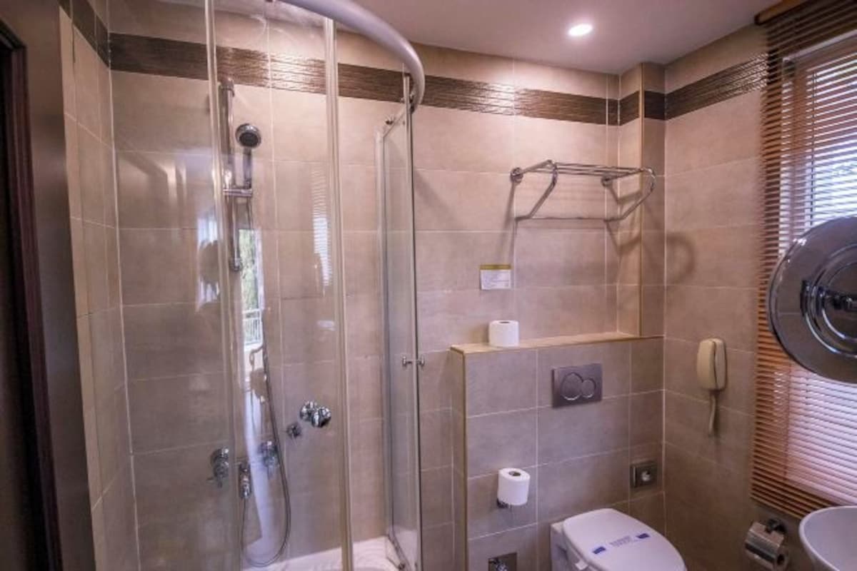 A bathroom with a glass-enclosed shower, a toilet, and a sink.