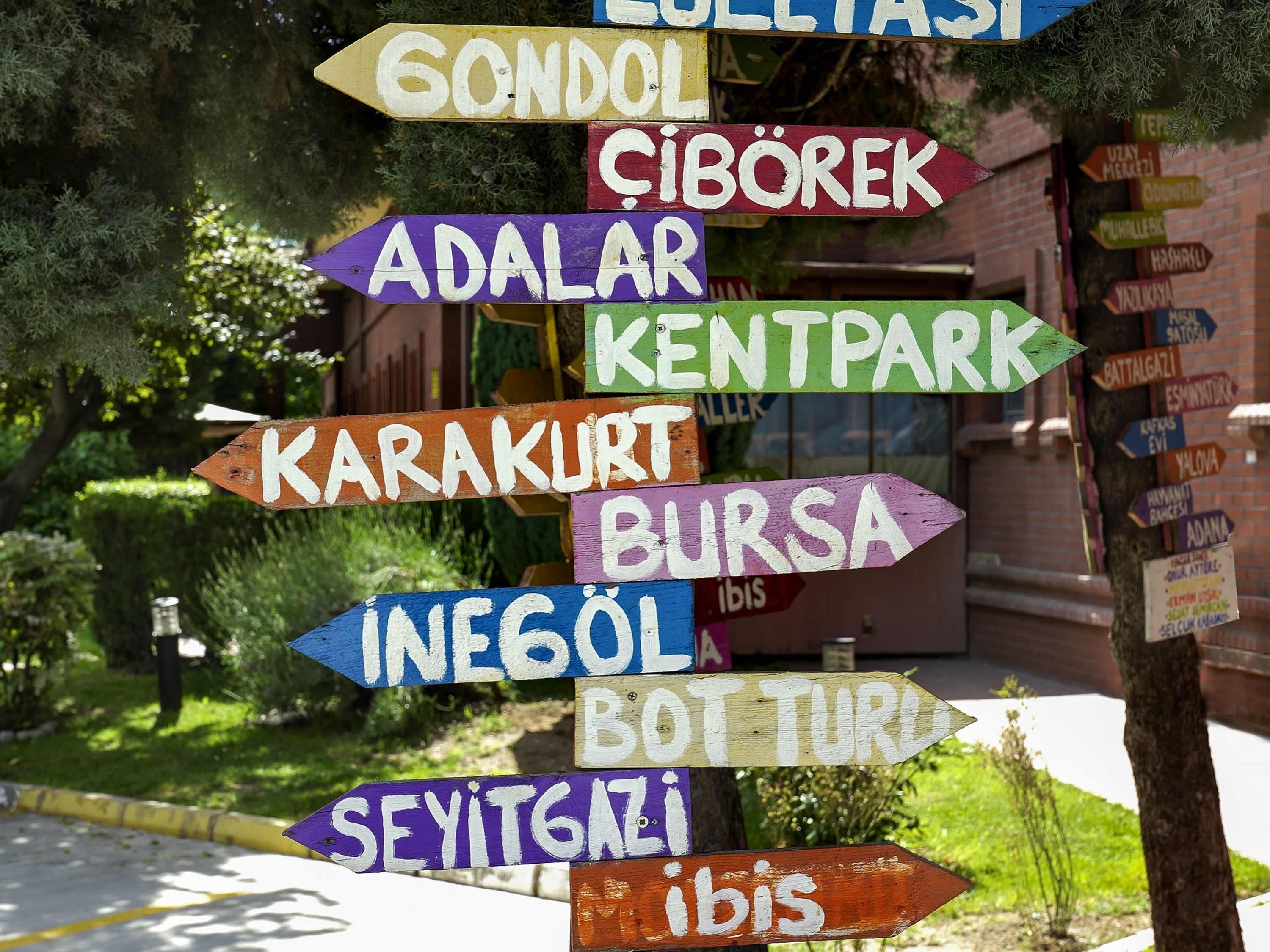 A collection of directional signs pointing to various destinations.