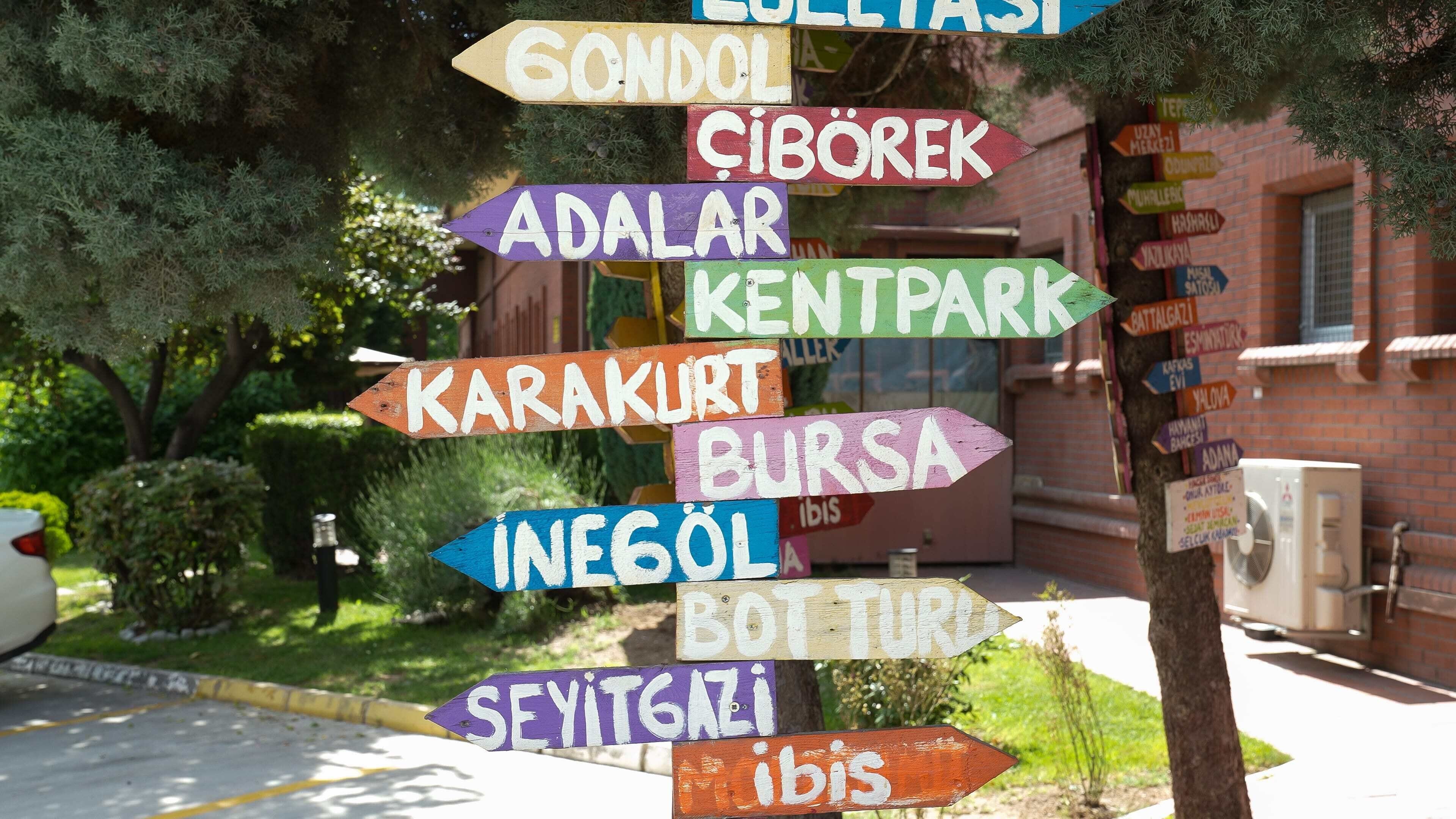 En träskylt med flera pilar som visar olika riktningar och hänvisar till olika destinationer.
