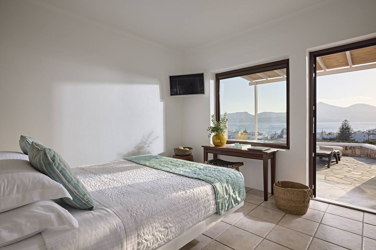 Ein Schlafzimmer mit Bett, Fernseher, Schreibtisch mit Pflanze und Blick ins Freie.