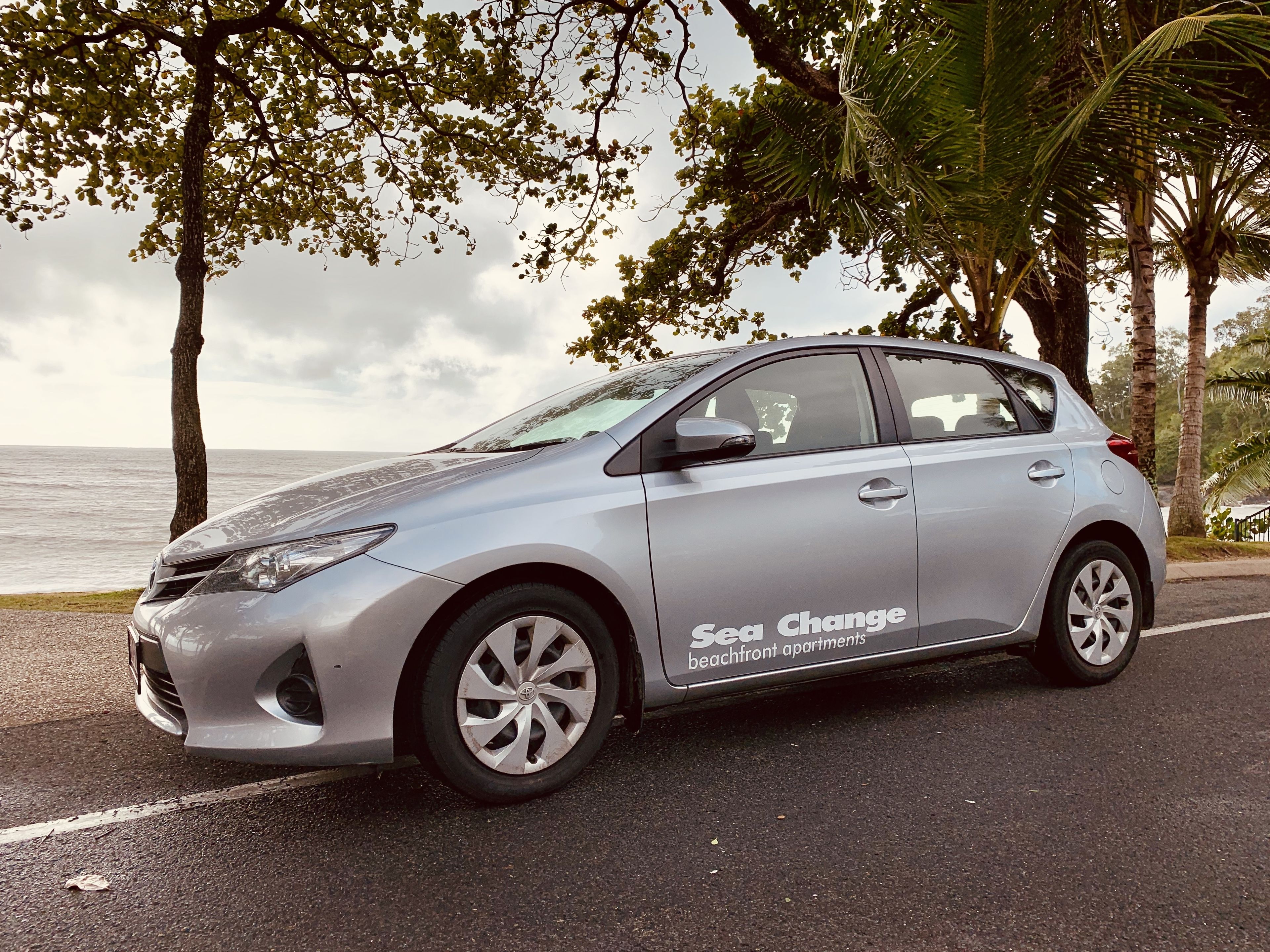 A silver hatchback car parked on a road with a view of the ocean and palm trees.