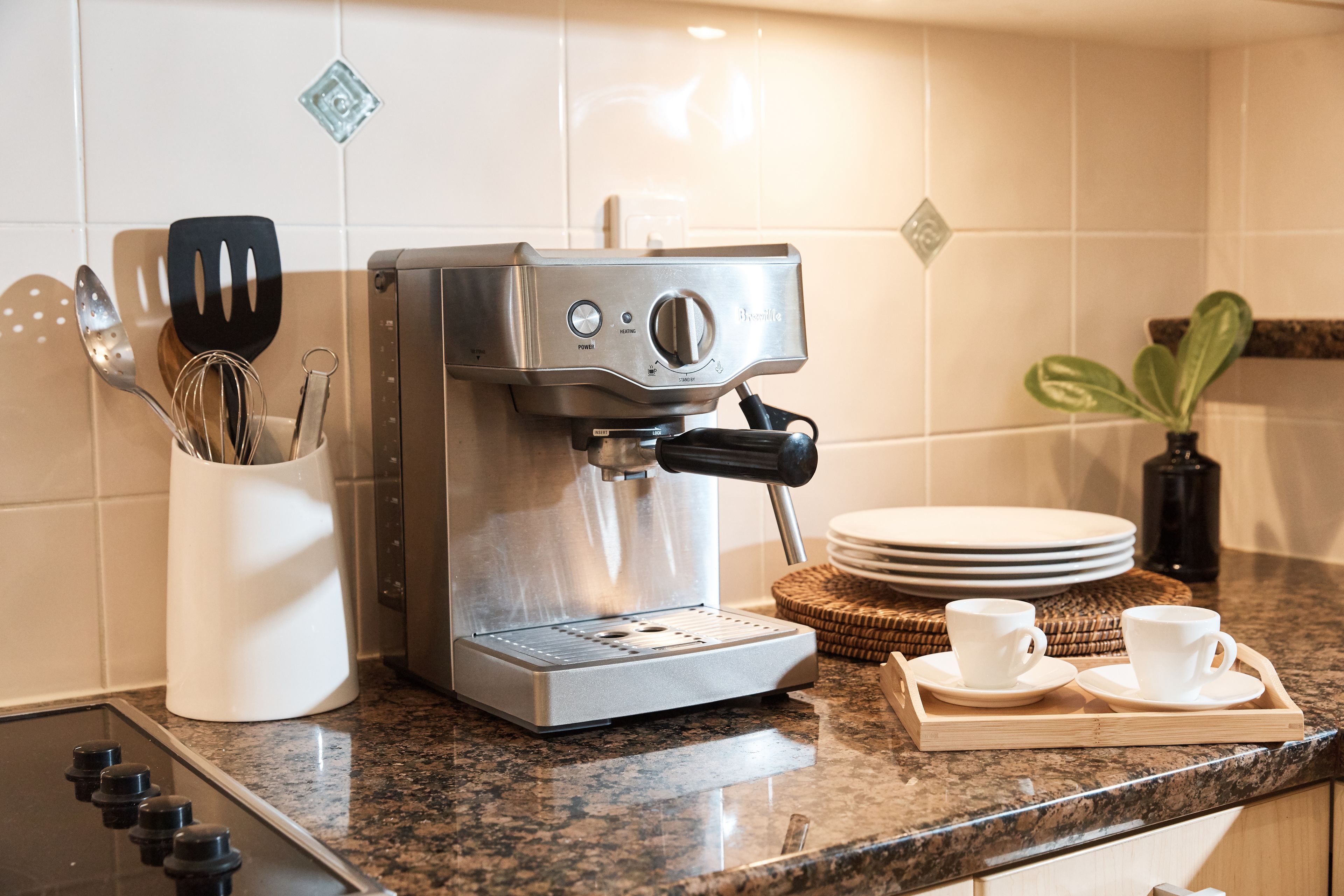 Una cocina con una cafetera, utensilios, platos y una planta.