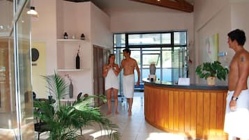 Sauna, steam room, body treatments, facials, massages