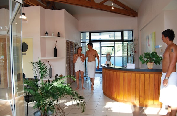 Sauna, steam room, body treatments, facials, massages