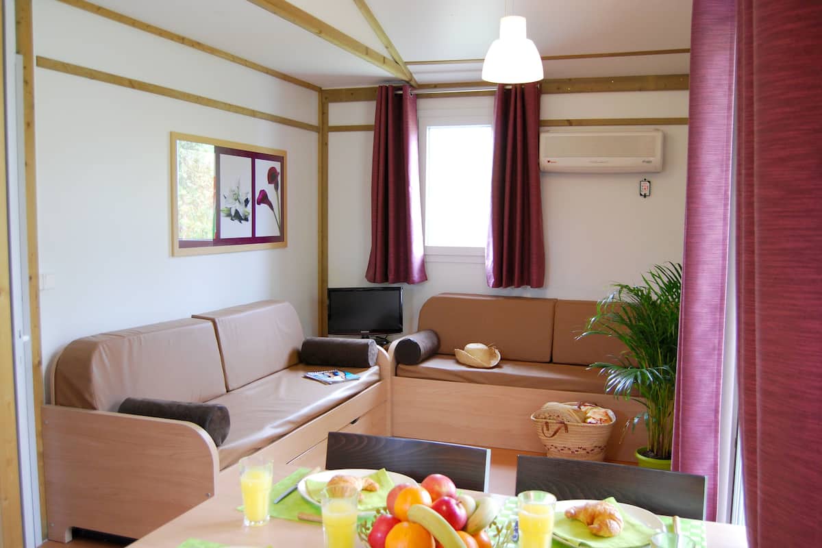 A compact living space with a sofa, a dining table with fruits and drinks, a television, and a potted plant.