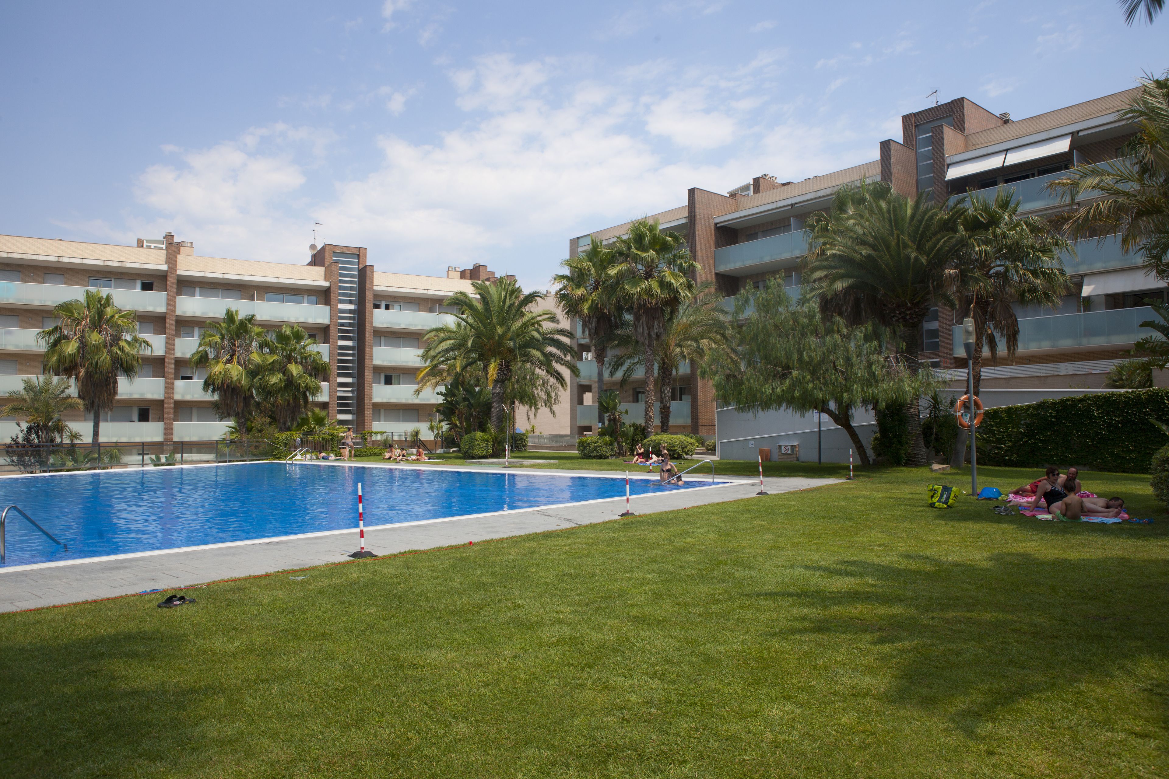 A swimming pool surrounded by a grassy area with palm trees and a multi-story building in the background.