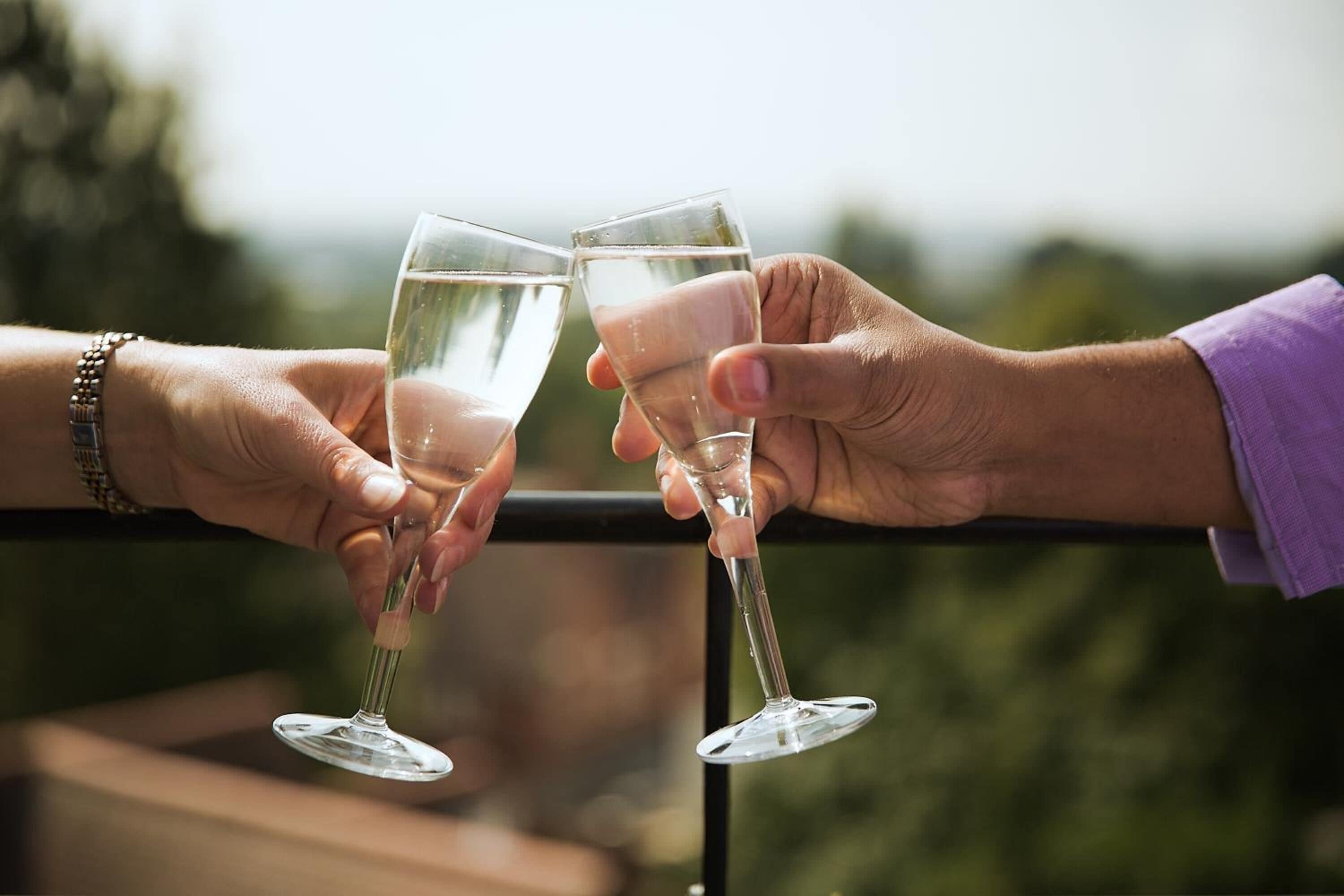 Two hands holding wine glasses, suggesting a social setting.