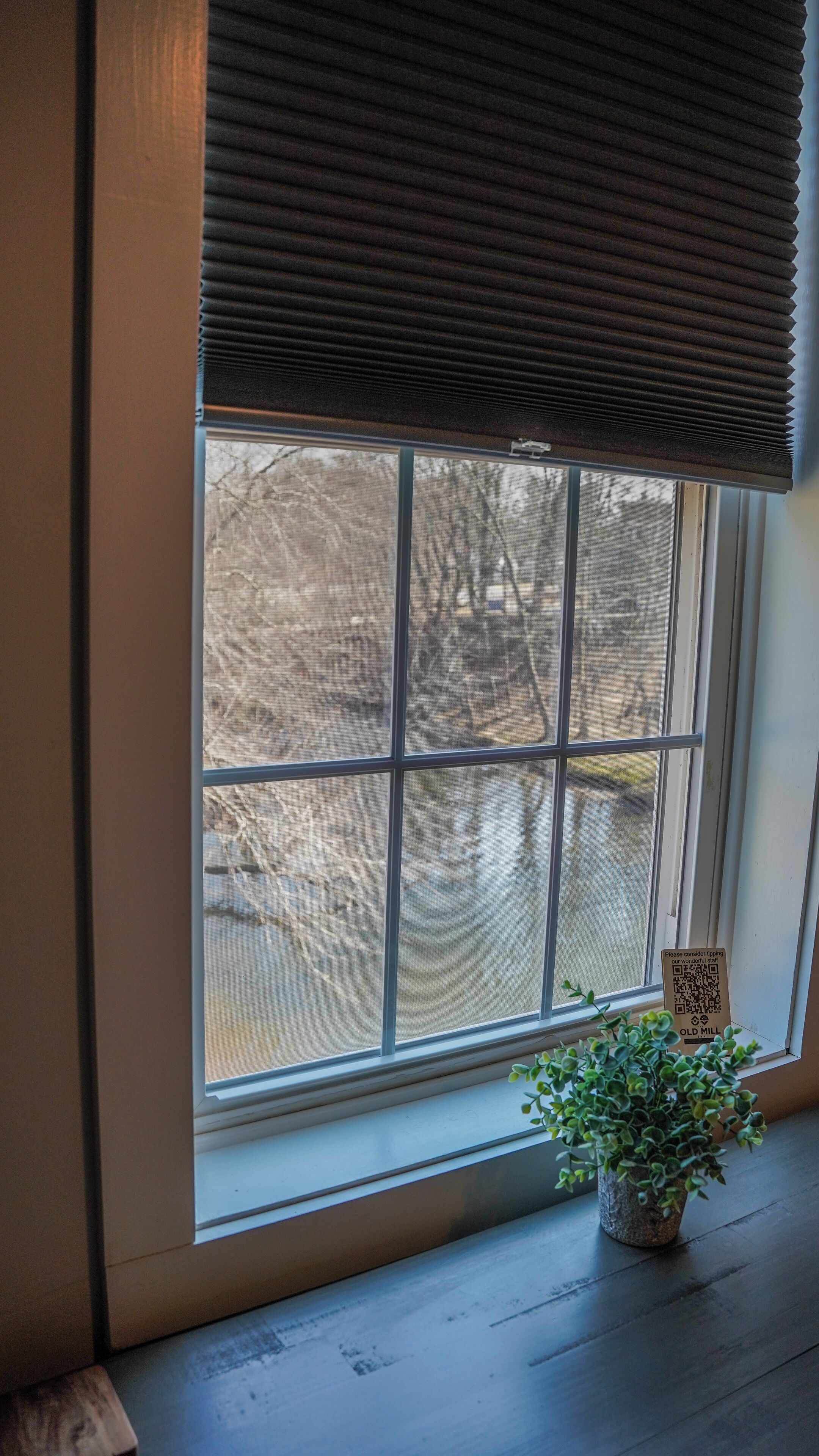 A window with a view of trees and a sign with a QR code.