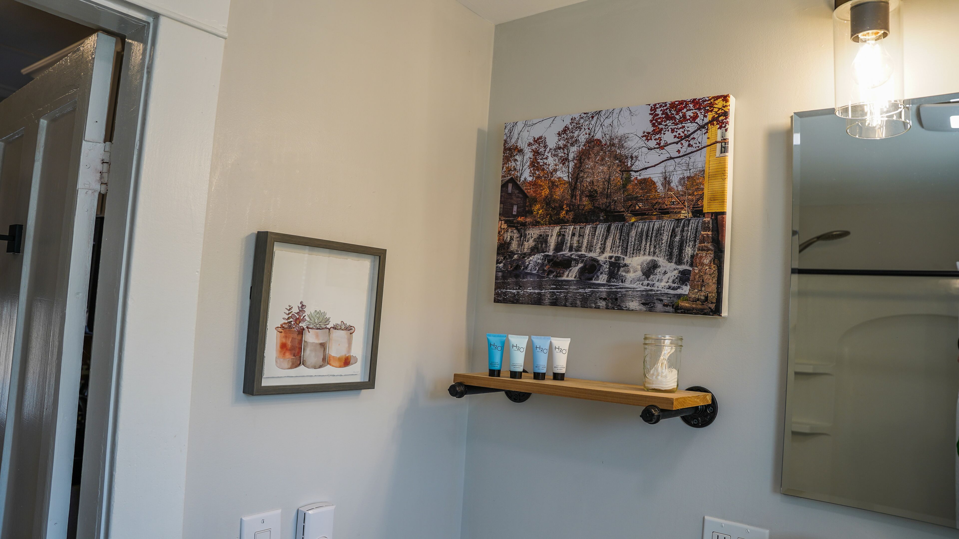 A bathroom with a framed picture of plants, a shelf with toiletries, and a large mirror.