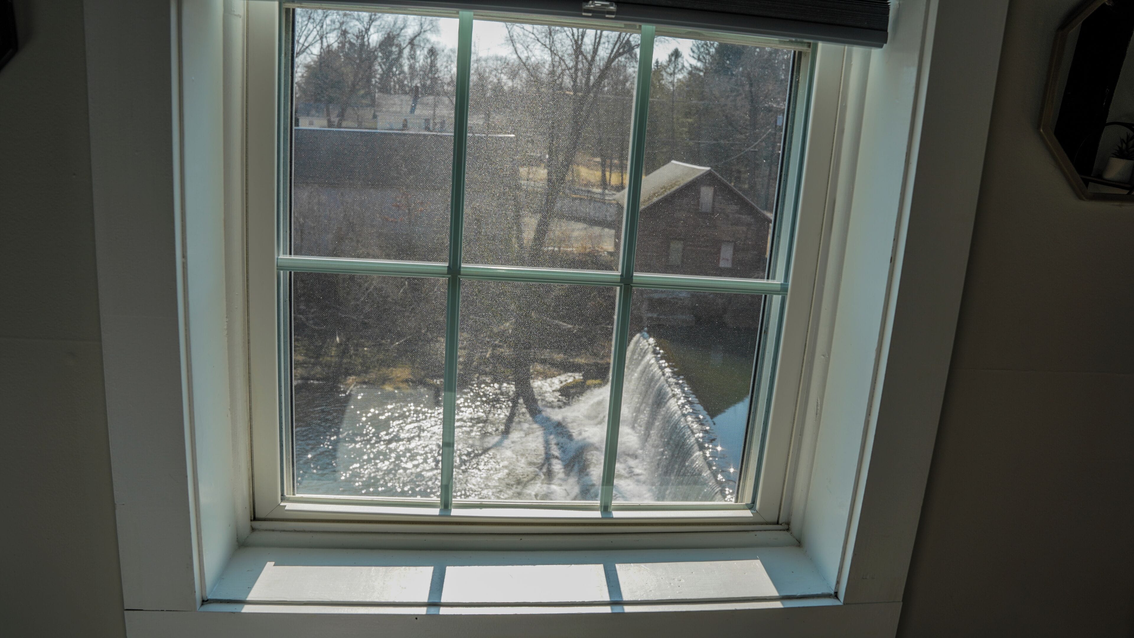 A skylight window with a view of a backyard and a house.